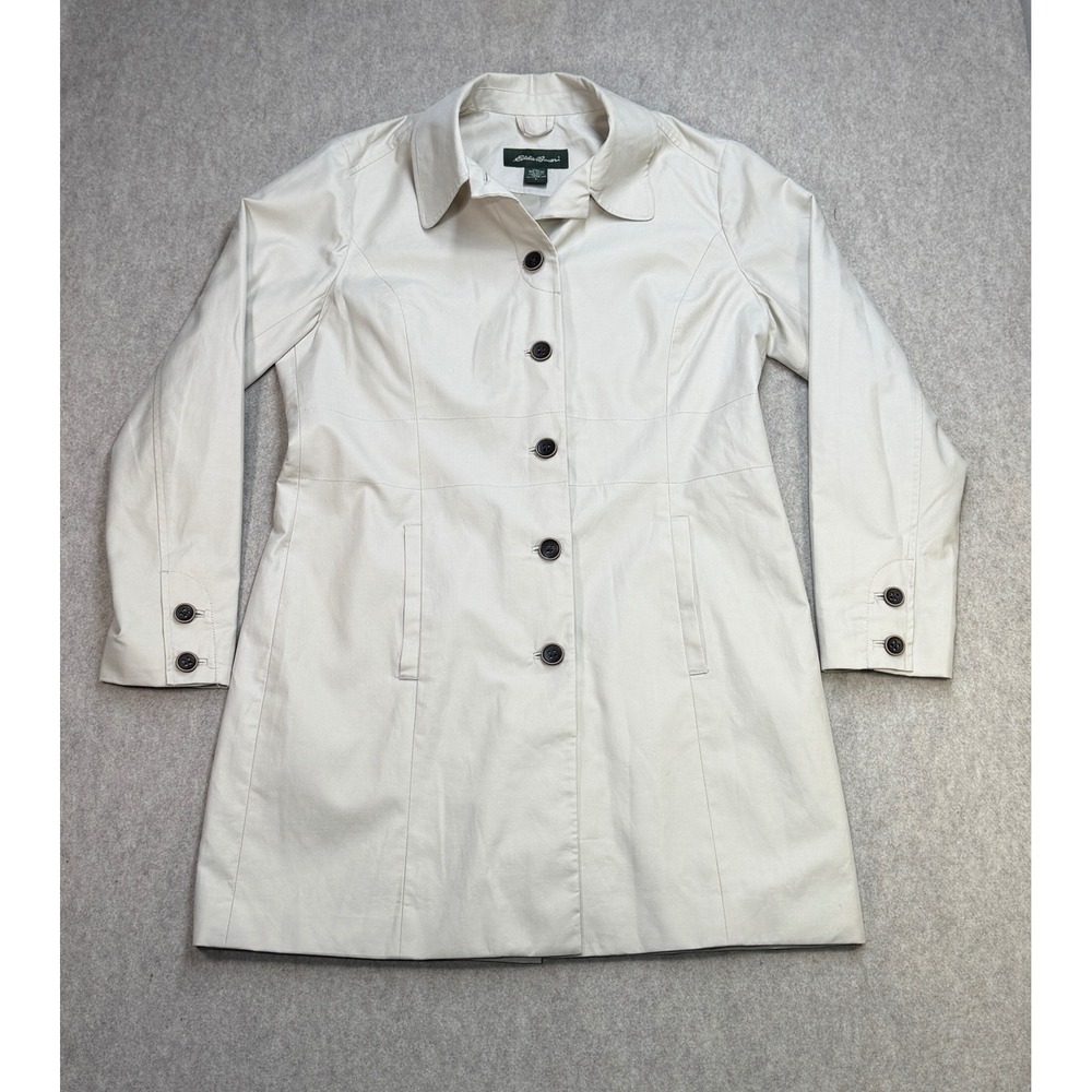 Eddie Bauer Trench Coat Womens L Beige Classic Minimalist Preppy Soft Academia